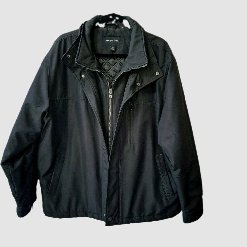 London Fog Mens XL Jacket Coat Black Full Zip Snap Double Collar Quilted Lined